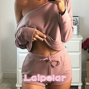 Women's Shorts Summer Sexy Women Two Pieces Slash Neck Hoodies Tops Cotton Drawstring Lady Spring Casual Suit Mujer GV366