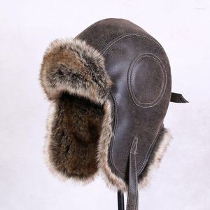 Berets B-8430 Unisex Bomber Hüte Russische Uschanka Caps Männer Frauen Kunstpelz Trapper Hut PU Leder Wind Proof Earflap Warm