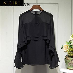 Women's Blouses N GIRLS 2023 Korean Style Chiffon Blouse Women Ruffles O Neck Long Sleeve Shirts Slightly Transparent All-match Chic Tops