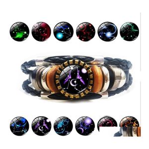 Braccialetti con ciondoli Est 12 Bracciale con segno zodiacale per donna Uomo Oroscopo vintage Hobby Mti Bracciale avvolgente in pelle a strati Gioielli di moda Dr Otknu