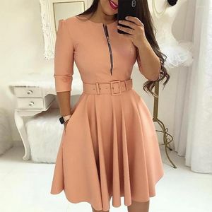Casual Dresses Women Spring Dress Three Quarter Sleeves With Belt Tight Waist A-line Dress-up Knee Length Zipper Lady Fall Female Clothes