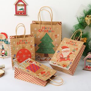 Present Wrap Christmas Tree Handle Bag 12pcs/Lot Santa Claus Kraft Paper Girls Birthday Decor Candy Pouches