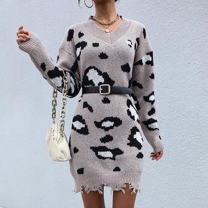 Casual Dresses Knitted Leopard Print Dress For Women Fashion Sweater 2023 Autumn Knitting Loose Hole V-neck Full Mini A-Line