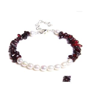 Beaded Strand Natural Garnet Chips Beads Bracelets Women Birthday Gift Adjustable White Freshwater Round Pearls Bangel For Men Fashi Dhzu8