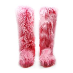 Stövlar 2022 Winter Knee-High Women Fur Brand Design Luxury Fluffy Long Female Tjock Non-Slip Cotton 221215