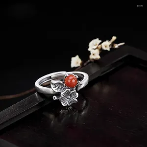 Cluster Rings Natural South Red Tourmaline Plant Flower Open Ring Chinese Style Retro Elegant Fresh Charm Women's Silver Jewelry