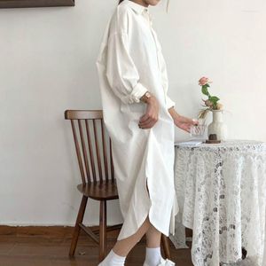 Casual Dresses Spring Autumn Long Dress Sleeve Shirt Slå ner krage kvinnan ladic Fashion Maxi Cotton Blue White