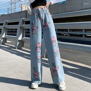 Kvinnors byxor Autumn Sweet Rose Floral Jeans Women Street Fashion Spring High midja bred ben vintage koreansk blå rak denim