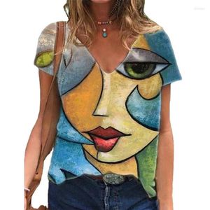 Women's T Shirts V Neck Shirt Women Summer Casual Oversized Printed Top Loose Vintage Pullover Short Sleeve Dress S-5XL