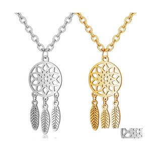 Collane con ciondolo Acchiappasogni in acciaio inossidabile Catene di piume di titanio placcato in argento dorato per donne Ragazze Gioielli di moda Regalo Goccia Ottug