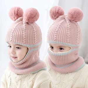 Accessori per capelli 2023 Autunno Inverno Cappelli per bambini in lana Spessa per ragazzi Ragazze Calde berretti monopezzo Sciarpa Cappello per orsi Carino Due palle 2-5 anni