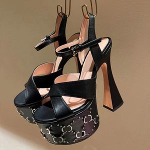 The latest G-stud sandals with interlocking embellished cross ankle strap, horseshoe heels, high heels, double waterproof platform, 15.5cm Designer party dress shoes