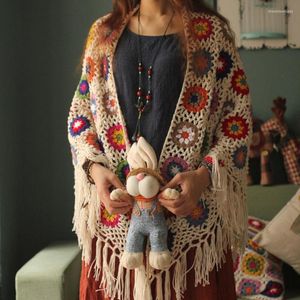 Women's Knits Boho Vintage Colorful Hollow Out Knitted Shawl Poncho With Tassel Women Retro Mori Girl Arts Fan Handmade Knit Sweater Scarf