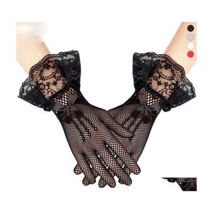 Fünf Finger Handschuhe Frauen Dame Mesh Fishnet Sexy Spitze Bowknot Handgelenk Sommer Sunsn Fahren Abend Party Mädchen Handschuh Schwarz Weiß drop Otyo4