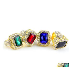 Solitaire yüzüğü yüksek kaliteli erkekler büyük yakut safir yüzük beyaz rhinestones 5 renk taş altın kadınlar için hip hop jewelr otnl6