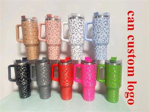 40oz Leopar Baskı Tumblers 304 Sap ve Samanlı Paslanmaz Çelik Yeniden Kullanılabilir Yalıtımlı Kahve Kupa Açık Seyahat Kupası Büyük Kapasite Su Şişesi Kupası Özel Logo