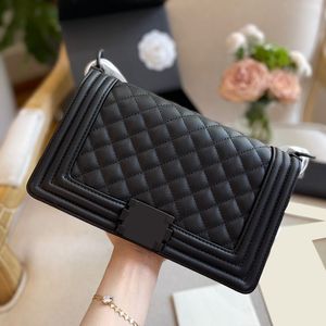 Bolsa Feminina de Couro Caviar Menino Bolsa Clássica Acolchoada Xadrez Completo Ferragens Preto Corrente Ombro Sacoche Bolso Sacoche Carteira Designer de Luxo 25cm