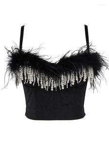 Kvinnors tankar 2023 Designer Fashion Women White Black Camisole Crop Top Feather Beading Tassel Party Stage Costumes Camis Short Tops