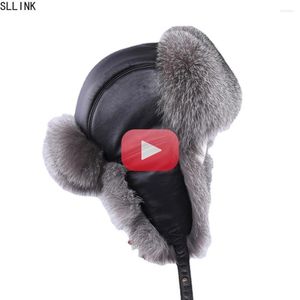 Berets 2023 Winter Men's Real Silver Fur Bomber Hat Raccoon Ushanka Cap Trapper Russian Man Ski Hats Caps Leather