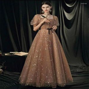 Casual Dresses Glitter Girl Gold Chic Sequins Beads A Line Prom Gown Elegant Ruffles Soft Tulle Sweep Train Formal Wear