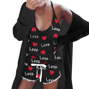 Kvinnors sömnkläder kvinnor sexig kärlek tryckt topp shorts set pyjamas ärmlös cami underkläder hemkläder för kvinnors kvinnor