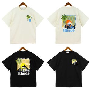 2023 Camiseta masculina da marca norte -americana High Street Rhude Moonlight Tropic Impresso Summer Coconut Manga curta