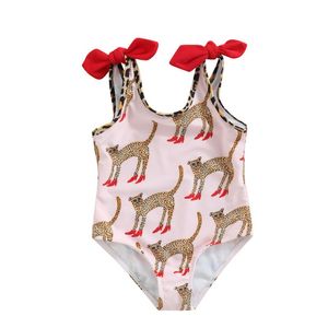 Barn baby flickor sommar enstycken badkläder tecknad leopard djur tryckt ärmlöst bandage triangel romper strandkläder