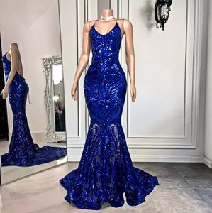 Verklig bild lång elegant prom klänning sexig sjöjungfru se genom glittrande paljett kungblå svart flickor rygglösa prom klänningar