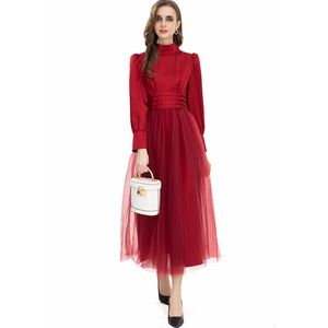 Women's Runway Dresses Stand Collar Lantern Sleeves Ruched Waist Elegant Layered Fashion Designer Vestidos