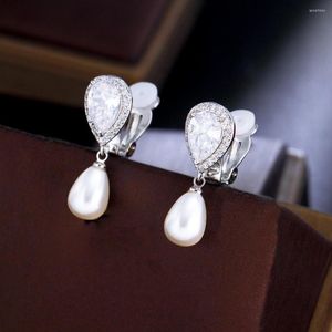 Backs Earrings ThreeGraces Shining Water Drop Cubic Zirconia Bridal Wedding Simulated Pearl Clip On For Women Fashion Jewelry EJ0036