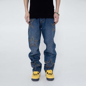 Män jeans broderi höftstjärna hop baggy män streetwear lösa retro överdimensionerade denim byxor avslappnad rak man