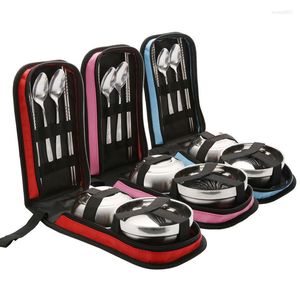 Dinnerware Sets Double Outdoor Camping Tableware Kit Stainless Steel Bowl Chopsticks Spoon Fork Travel Portable Bag