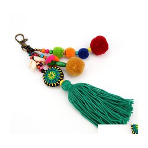 Keychains Lanyards Bohemian Wood Beads Key Chain Pompom Holder Bag Car Hanging Tassel Pendant Woman Jewelry for Women Y428Z Drop D Dhdal