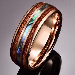 Bröllopsringar mode 8mm rosguld färg rostfritt stål hawaiian koa trä och abalone skal opal inlay ringband mäns smycken