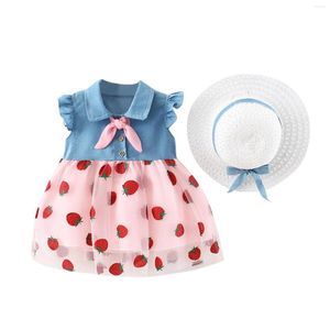 Flickaklänningar lapptäcke prinsessa ärm jordgubbe hatt klänning baby flickor denim tyll set spädbarn 6m-3y burgogne spetsar