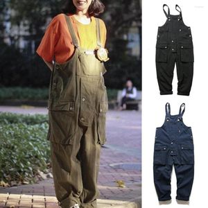 Herrbyxor män jumpsuit fast färg flera fickor manliga overaller lös klänning överdimensionerad vintage japansk stil