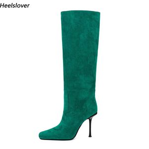 Heelslover Fashion Women Winter Knee Boots Faux Suede There Theels Square Tee Green Green Street Shoes Ladies Us Size 5-13