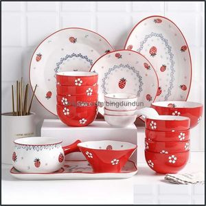Dinnerware Sets Nordic Style Ceramic Tableware Set Stberry Rice Bowl Plate Creative Dessert Salad Spoon Western Cake Home Drop Deliv Dhsnw