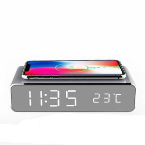 2021Travel Electric LED Alarm Clock with Phone Wireless Charger Desktop Digital Thermometer HD Mirror add Time Memory297N