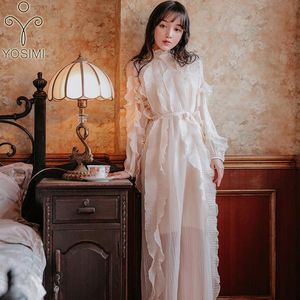 Casual Dresses YOSIMI Evening Party Dress 2023 Summer Maxi Voile Long For Women Full Sleeve Ankle-length Ruffle Loose Beige Night