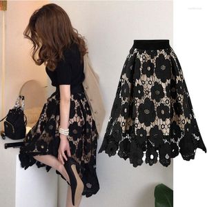 Skirts Spring Korean Lace Hollow Out High Waist A-line Skirt Women's Temperament Irregular Elastic Mid Length Plus Size