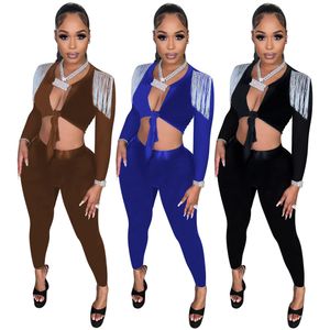 Designer Two Piece Set Women Tracksuits Spring Autumn Outfits L￥ng￤rmad bandage Tassels Crop Top and Pants Matching Set Solid Sportswear Sexy Club Wear 8220