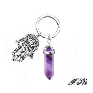 Keychains Lanyards Fashion Natural Quartz Stone Keyring Yoga Pendant Keychain Evil Palm Women Bag Handle Car Jewel Accessori Otmon