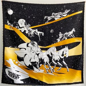 Scarves Mulberry Silk Scarf 90 90cm Square Twill Luxury Head Scarfs For Women Space Horse Hand-rolled Edges Bandana