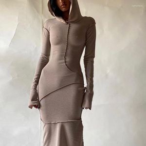 Casual Dresses Autumn Hooded Long Sleeve Pure Color Slim T-Shirt Dress for Women Fashion Vintage Patchwork Manted Ankellängd 2023