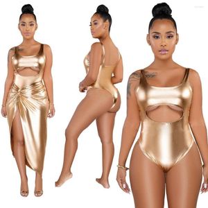 İş elbiseleri altın iki parça set seksi bodysuits bölünmüş uzun etek setleri kulüp parti 2 kadın
