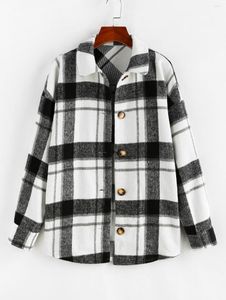 Women's Jackets ZAFUL Plaid Drop Shoulder Long Shacket Spring Autumn Button Up Jacket Women Fashion Clothing Turn-down Collar Overshirt