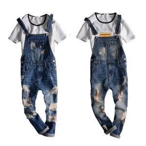 Män jeans denim jumpsuit casual ljusblå overaller rippade fickor haklapp pojkvän jumpsuitsmen's