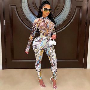 Women's Two Piece Pants 2023 Women Clothing Sexy Mesh Long Sleeve Round Neck Bodysuit Elastic Digital Printing Tight Two-Piece Suit