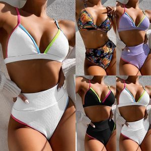 Damenbadebekleidung Sexy Low-Cut Deep V Sling S Bikini Sommer Patchwork Rippen Badeanzug Frauen Hohe Taille Dreieck Push Up Whit Set 2023